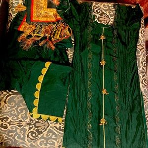 Silk suit with lace work on bottom